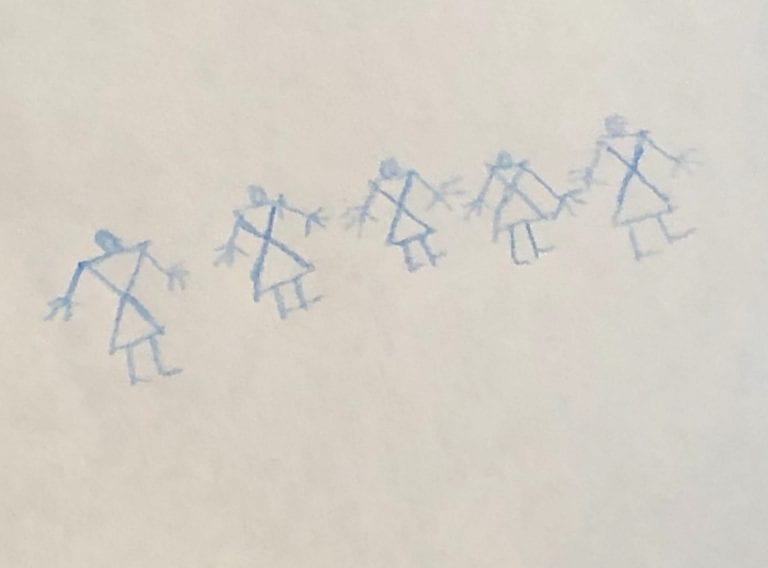 Drawing of five people with triangular bodies and stick figure hands and legs 
