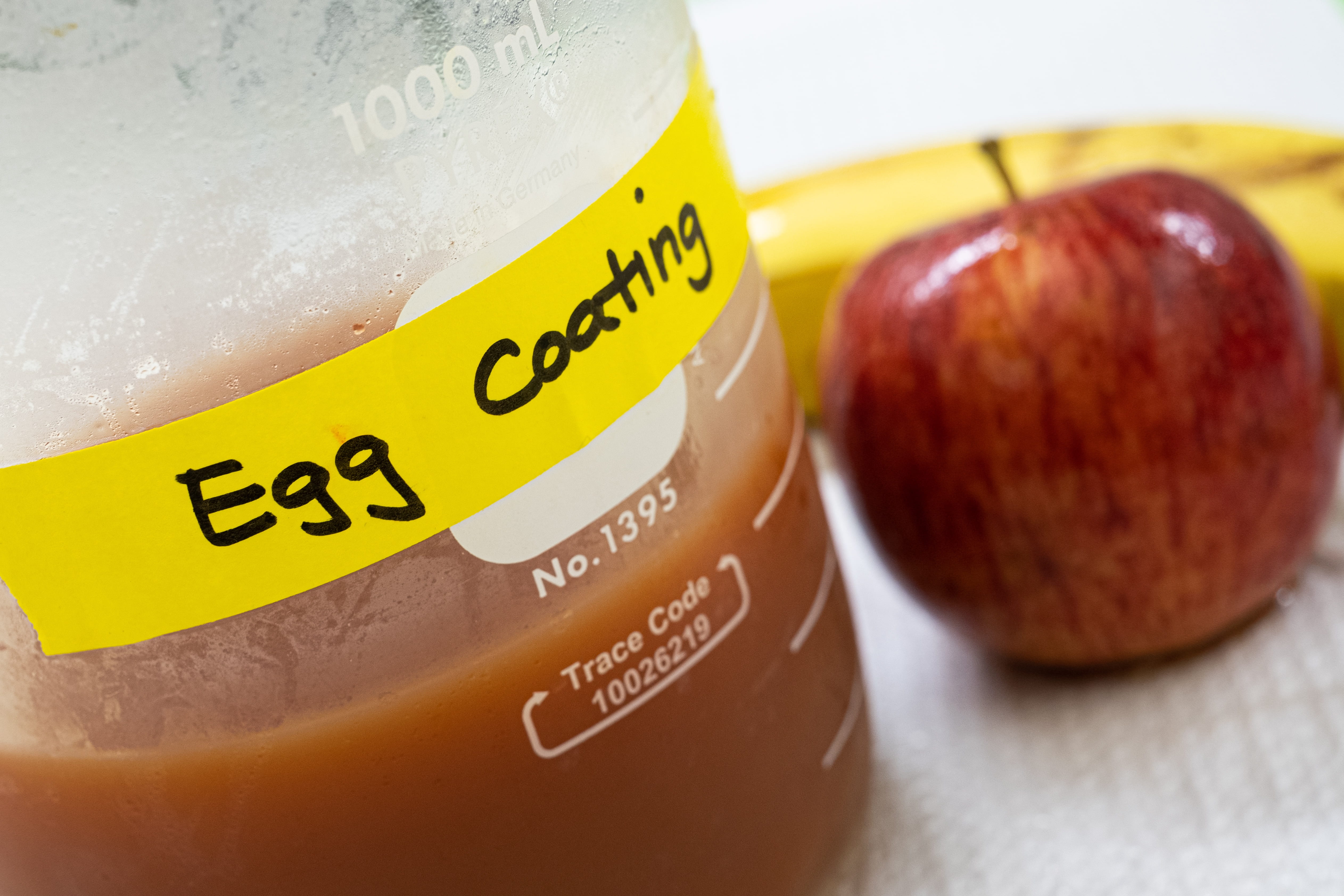 A brown liquid sits in a glass container labeled "egg coating" with an apple and banana sitting next to it