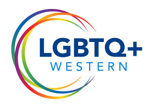 LGBTQ+ Western logo in blue caps font in front of rainbow circles.